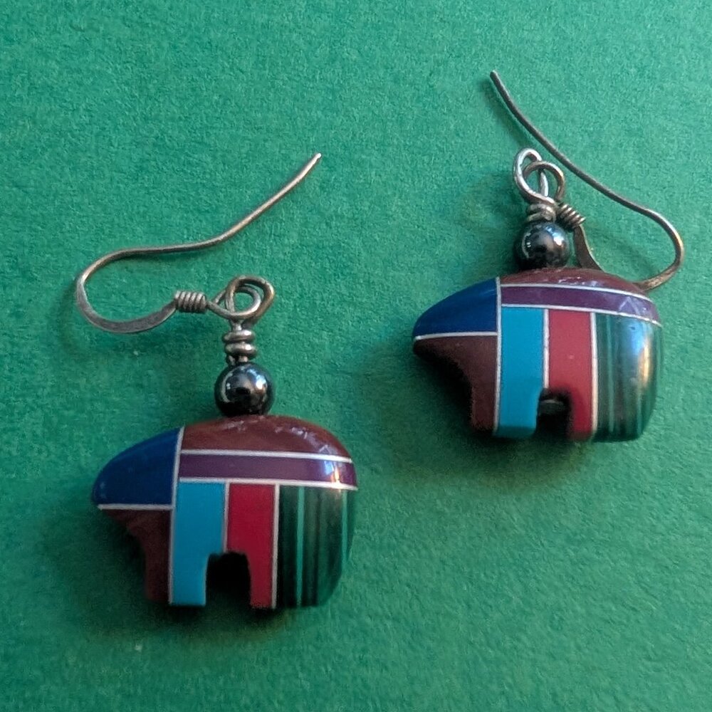 Colorful real stone inlay bear earrings